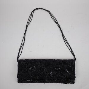 Vintage JESSICA McCLINTOCK Black Beaded Evening Purse Clutch Handbag Bead Strap
